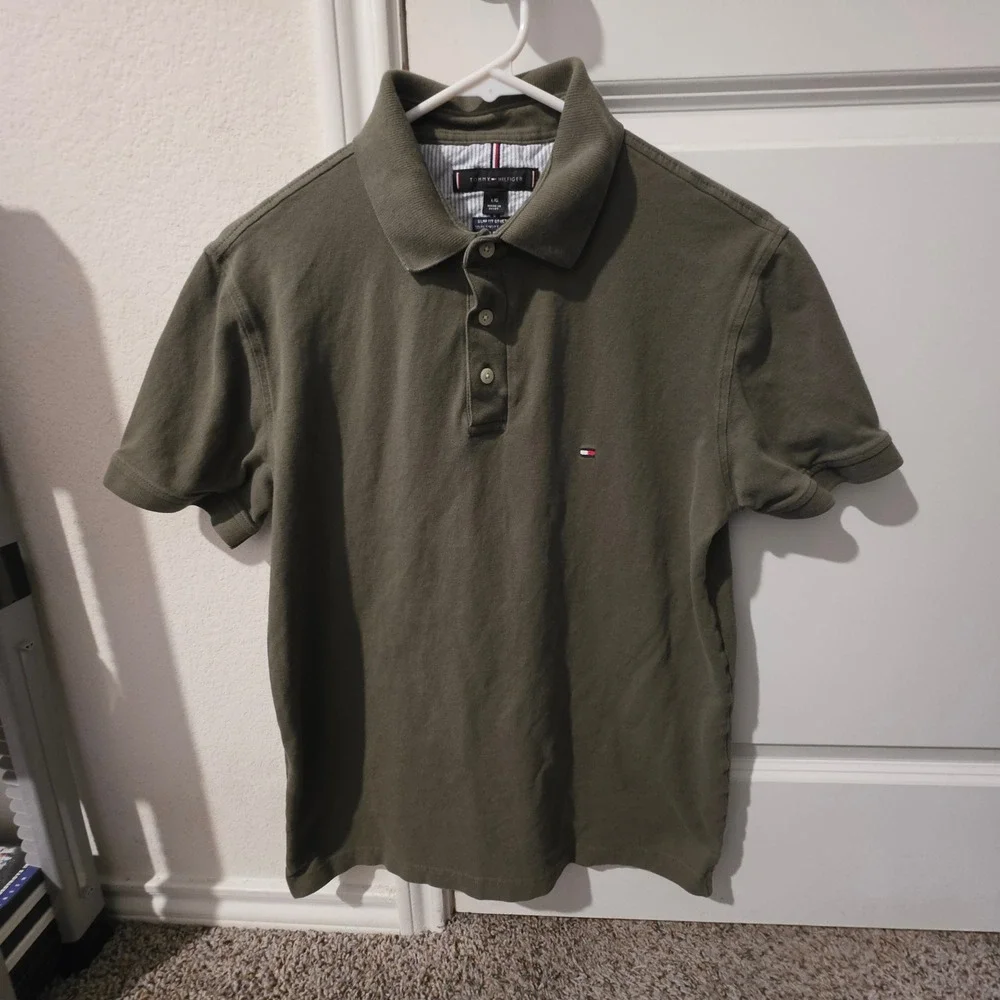 Tommy Hilfiger Mens Slim Fit Stretch Polo Shirt Olive Green Large Short Sleeve